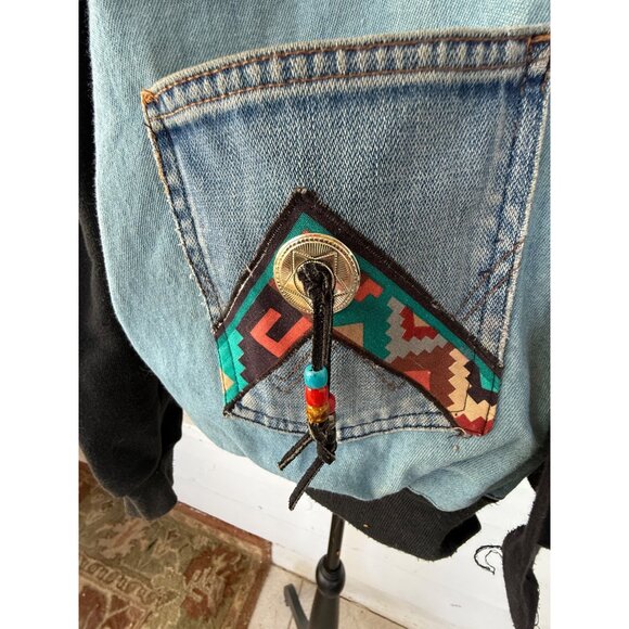 Vintage 80's handmade Southwestern-style denim jacket/sweatshirt Womens XL - Picture 4 of 16